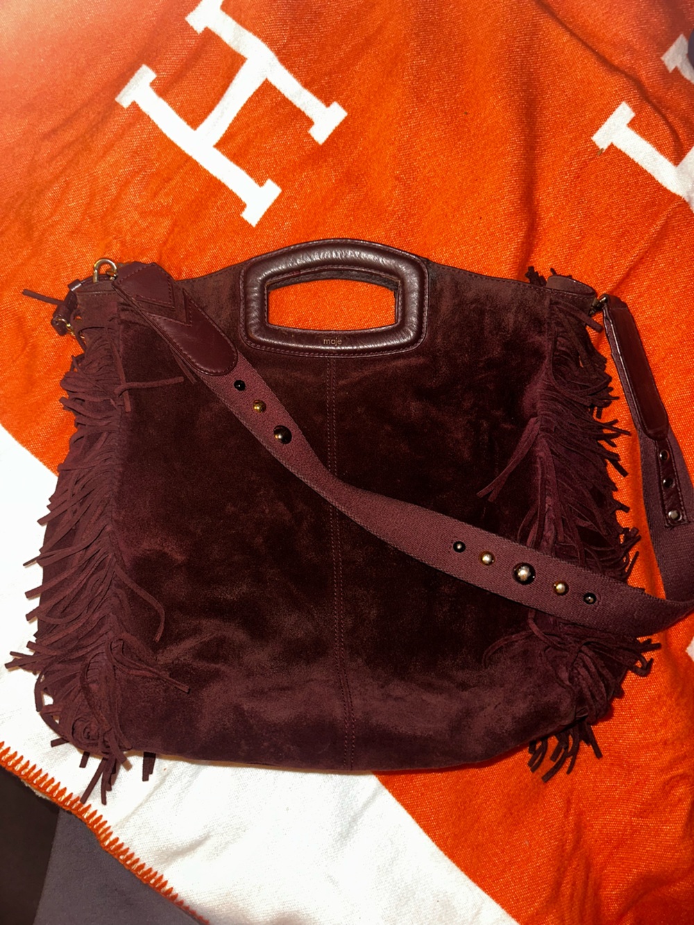 Maje Burgundy Suede Fringe three way wear Shoulder Bag